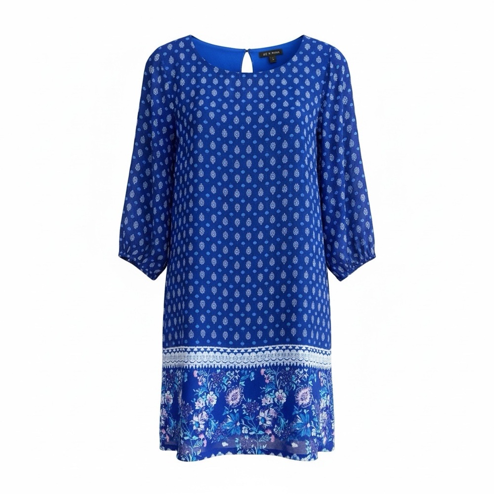 As U Wish‎ Womens Blue Printed Shift Dress Size L Floral Hemline Long Sleeve